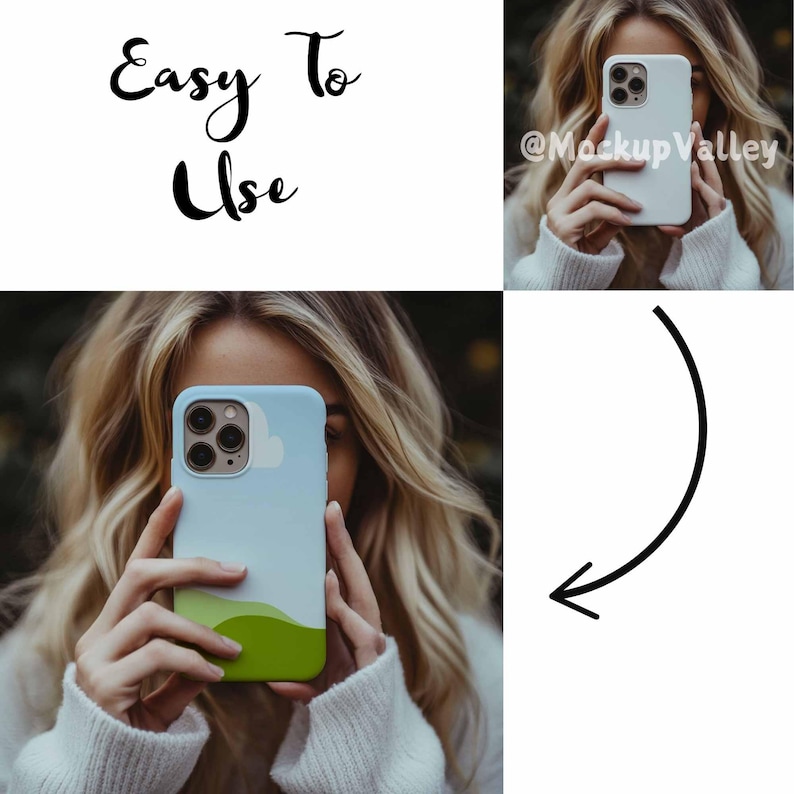 May include: A woman is holding a light blue phone case with a white cloud and green hills design. The case is covering her face. The text "@MockupValley" is visible in the top right corner of the image.