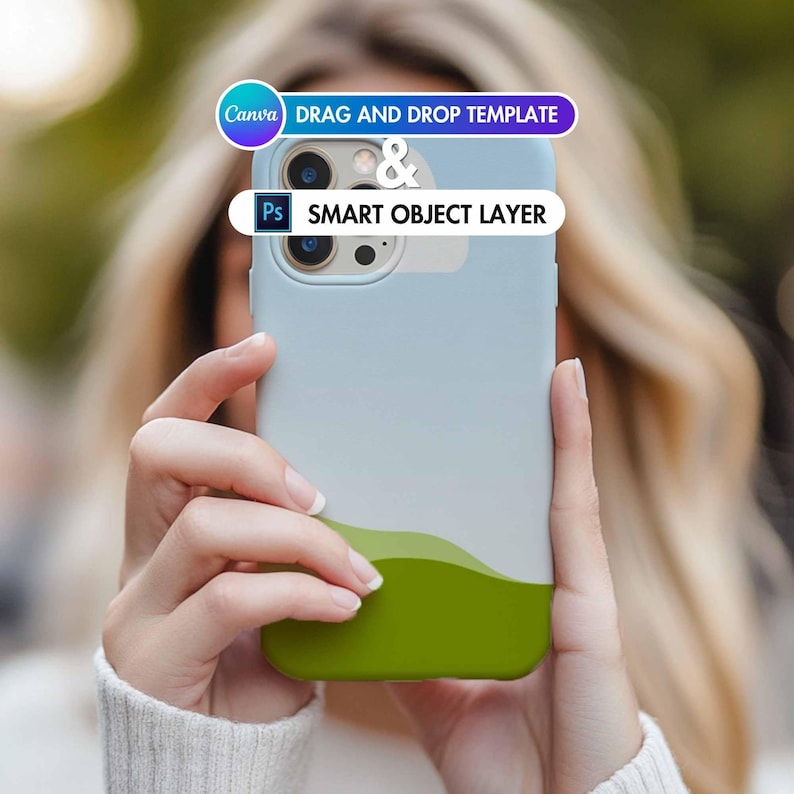 May include: A light blue phone case with a green landscape design. The case has a "DRAG AND DROP TEMPLATE & SMART OBJECT LAYER" label on it.
