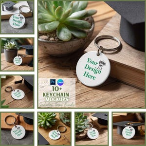 May include: A white round keychain with the text "Your Design Here" in green, with a palm tree graphic. The image also shows a graduation cap, a succulent plant, and the text "10+ KEYCHAIN MOCKUPS Graduation Theme Bundle".