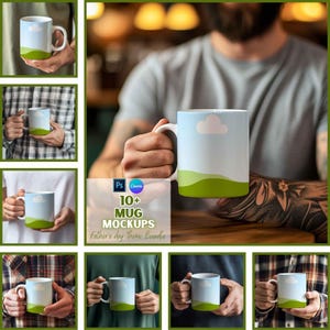 Può includere: Tazza in ceramica bianca con un design cielo e paesaggio. La tazza presenta un cielo azzurro con una nuvola bianca, colline verdi e un manico bianco. È visibile anche il testo "10+ MUG MOCKUPS Father's day Theme Bundle".