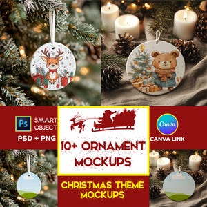May include: Christmas ornament mockups featuring a reindeer and a bear with a scarf. The ornaments are round with a white background and a ribbon for hanging. The image also includes text: "10+ ORNAMENT MOCKUPS" and "CHRISTMAS THEME MOCKUPS".