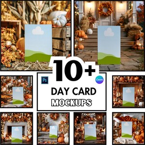 May include: A collection of 10+ day card mockups featuring a light blue sky with a single white cloud and green rolling hills. The graphic includes Adobe Photoshop and Canva logos with the text 10+ DAY CARD MOCKUPS displayed prominently.