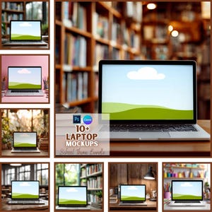 May include: A collection of laptop mockups with a school theme. The laptops display a landscape image with a blue sky and green hills. The image includes the text "10+ Laptop Mockups School Theme Bundle".
