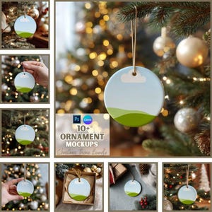 May include: A round Christmas ornament with a landscape design of a blue sky, white cloud, and green hills. The ornament is hanging on a Christmas tree. The image also includes text that says "10+ ORNAMENT MOCKUPS Christmas Theme Bundle."