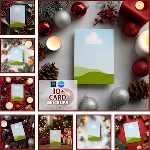 May include: A collection of mockups featuring greeting cards with a landscape design. The cards have a blue sky with a white cloud and green hills. The cards are surrounded by Christmas decorations, including ornaments, candles, and pinecones. The text "10+ CARD MOCKUPS Christmas Theme Bundle" is visible.