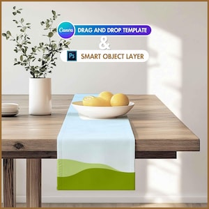 May include: A light blue and green table runner with a wavy design. The runner is on a wooden table with a bowl of lemons on top. The text "DRAG AND DROP TEMPLATE & SMART OBJECT LAYER" is visible in the image.