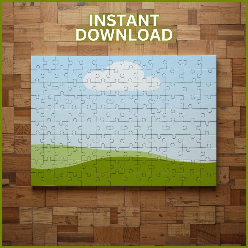 Pode incluir: Um quebra-cabe&ccedil;a completo com um c&eacute;u azul, uma nuvem branca e colinas verdes. O quebra-cabe&ccedil;a &eacute; composto por in&uacute;meras pe&ccedil;as interligadas. As palavras "INSTANT DOWNLOAD" s&atilde;o impressas em branco no topo.