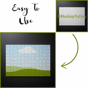 Pode incluir: Um quebra-cabe&ccedil;a completo com uma cena de c&eacute;u e colina gramada. O quebra-cabe&ccedil;a &eacute; composto por muitas pe&ccedil;as interligadas. As palavras "Easy To Use" est&atilde;o escritas em it&aacute;lico. Um segundo quebra-cabe&ccedil;a &eacute; mostrado com o texto "@MockupValley".