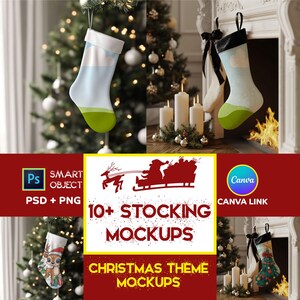 May include: A set of 10+ Christmas stocking mockups featuring various designs and styles. The mockups are displayed against a backdrop of a fireplace, Christmas tree, and candles. The text "10+ Stocking Mockups" and "Christmas Theme Mockups" is displayed in the centre of the image.