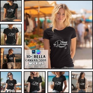 Op de afbeelding: Zwart T-shirt met ronde hals met de tekst "Your Design Here" in een scriptlettertype. De afbeelding bevat een mockup-bundeladvertentie met de tekst "10+ BELLA CANVAS 3001 MOCKUPS Summer Theme Bundle".