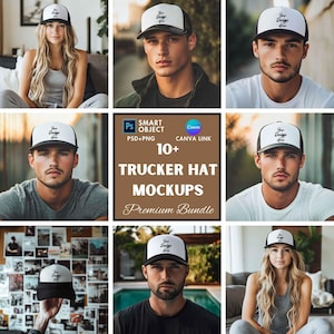 May include: A set of 10+ trucker hat mockups featuring different people wearing black and white trucker hats with a mesh back. The hats have the text "Your Design Here" embroidered on the front. The mockups are ideal for showcasing your own designs.