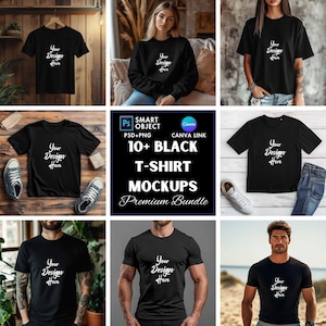 May include: A set of 10 black t-shirt mockups featuring different models wearing the shirts in various settings. The shirts are all plain black with the text "Your Design Here" printed on them. The mockups are ideal for showcasing your designs and branding.
