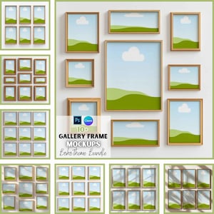 May include: A set of 10+ gallery frame mockups with a boho theme. The frames are arranged in a grid pattern on a white wall. The frames are all different sizes and shapes, and they are all made of wood. The frames are all empty, and they are all ready to be filled with your own photos or artwork.  The text "GALLERY FRAME MOCKUPS Boho Theme Bundle" is visible in the image.