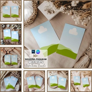 May include: A set of 10+ wedding program mockups featuring a boho theme. The mockups are in Photoshop and Canva format. The mockups feature a light blue background with a white cloud and a green hill. The text "10+ Wedding Program Mockups Boho Theme Bundle" is displayed on the image.
