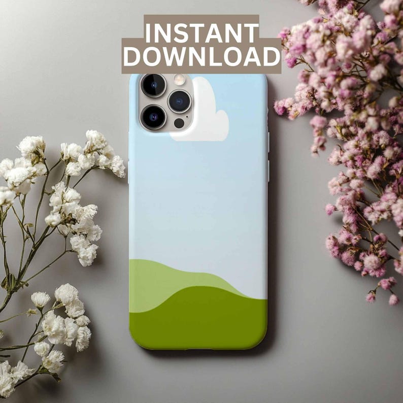 May include: A blue and green phone case with a white cloud and green hills. The case has a cutout for the phone's camera.