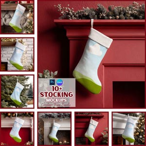 May include: A light blue Christmas stocking with a cloud and landscape design, featuring a white cuff and green base. The image includes the text "10+ STOCKING MOCKUPS Christmas Theme Bundle".