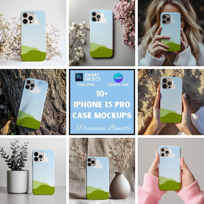 May include: A set of 10+ iPhone 15 Pro case mockups, featuring a blue and green landscape design. The mockups are presented in various settings, including a wooden surface, a sandy beach, and a table with flowers.