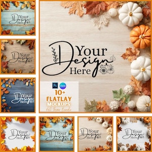 May include: A selection of autumn-themed mockups with pumpkins, leaves, and the text "Your Design Here." The mockups showcase diverse backgrounds, such as wood and painted surfaces. The bundle includes 10+ flatlay mockups.