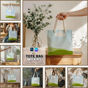 May include: A set of 10+ tote bag mockups featuring a boho theme. The mockups show different angles and perspectives of the tote bags, which are all white with a light blue sky and green grass design. The text "10+ Tote Bag Mockups Boho Theme Bundle" is displayed on the image.