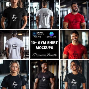 Puede incluir: Un conjunto de más de 10 maquetas de camisetas de gimnasio con diferentes modelos que llevan camisetas negras, blancas y rojas con el texto "Your Design Here" impreso en ellas. Las maquetas se presentan en formato collage con una tarjeta de título que dice "10+ Gym Shirt Mockups Premium Bundle".