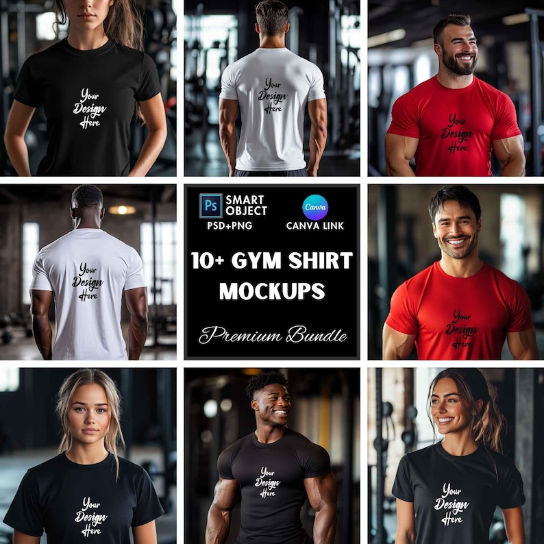 May include: A set of 10+ gym shirt mockups featuring different models wearing black, white, and red t-shirts with the text "Your Design Here" printed on them. The mockups are presented in a collage format with a title card that reads "10+ Gym Shirt Mockups Premium Bundle".
