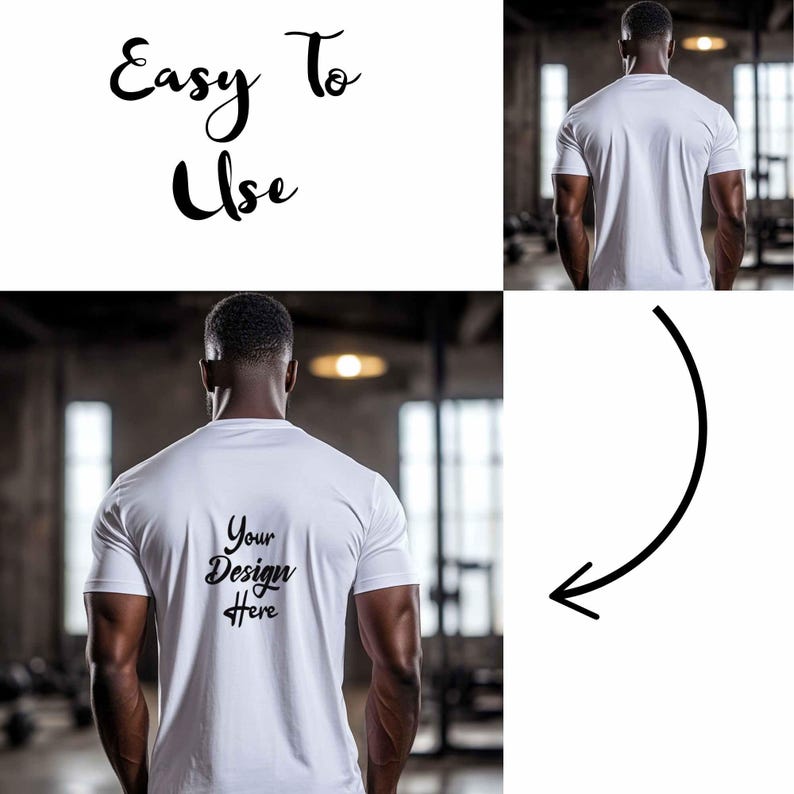 May include: A white t-shirt with the text "Your Design Here" printed on the back. The shirt is being modeled by a person in a gym setting.