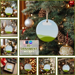 May include: A collection of round Christmas ornaments with a sky and landscape design. The ornaments are white with a blue sky, a white cloud, and green hills. The text "10+ ORNAMENT MOCKUPS Christmas Theme Bundle" is also visible.