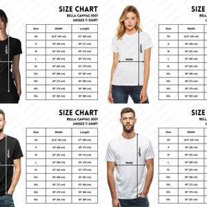 May include: Four images show people wearing black and white t-shirts. Each image has a size chart for Bella Canvas 3001 unisex t-shirts, detailing width and length in inches and centimetres. The size chart includes sizes XS to 5XL.