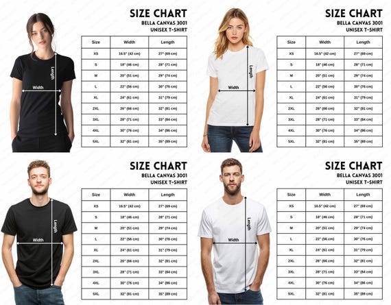 Bella Canvas Size Chart | Unisex Tshirt Sizing Chart | Mockup