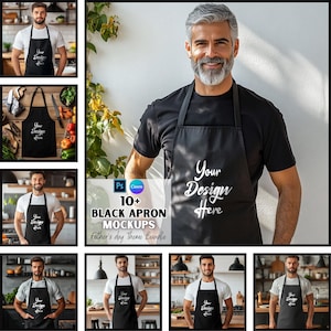 Puede incluir: Maquetas de delantales negros con el texto "Your Design Here" en fuente blanca. La imagen incluye varias fotos del delantal en diferentes personas. También se muestra el texto "10+ Black Apron Mockups Father's Day Theme Bundle".