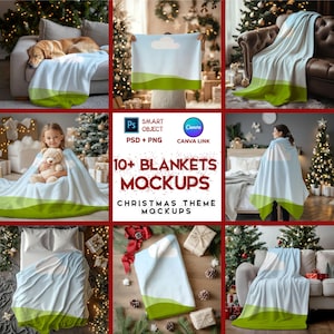 May include: A collection of blanket mockups with a Christmas theme. The blankets feature a design of a blue sky with a white cloud and green hills. The image includes text that reads "10+ BLANKETS MOCKUPS CHRISTMAS THEME MOCKUPS".