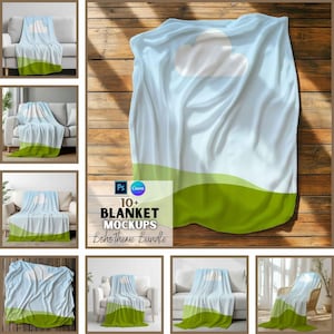 May include: A set of 10+ blanket mockups featuring a light blue and green blanket with a white cloud design. The mockups are perfect for showcasing your designs and branding.  The text on the image reads "10+ Blanket Mockups Boho Theme Bundle".