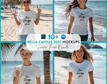 Summer Bella Canvas 3001 Tshirt Mockups | Beach Shirt Mockups | Canva and PSD Template