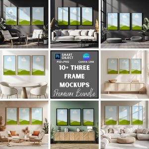 May include: A set of 10+ three-frame mockups for displaying artwork or photography. The mockups feature various interior design settings, including a living room with a sofa, a dining room with a table and chairs, and a bedroom with a bed. The mockups are designed to showcase the artwork in a realistic and appealing way.