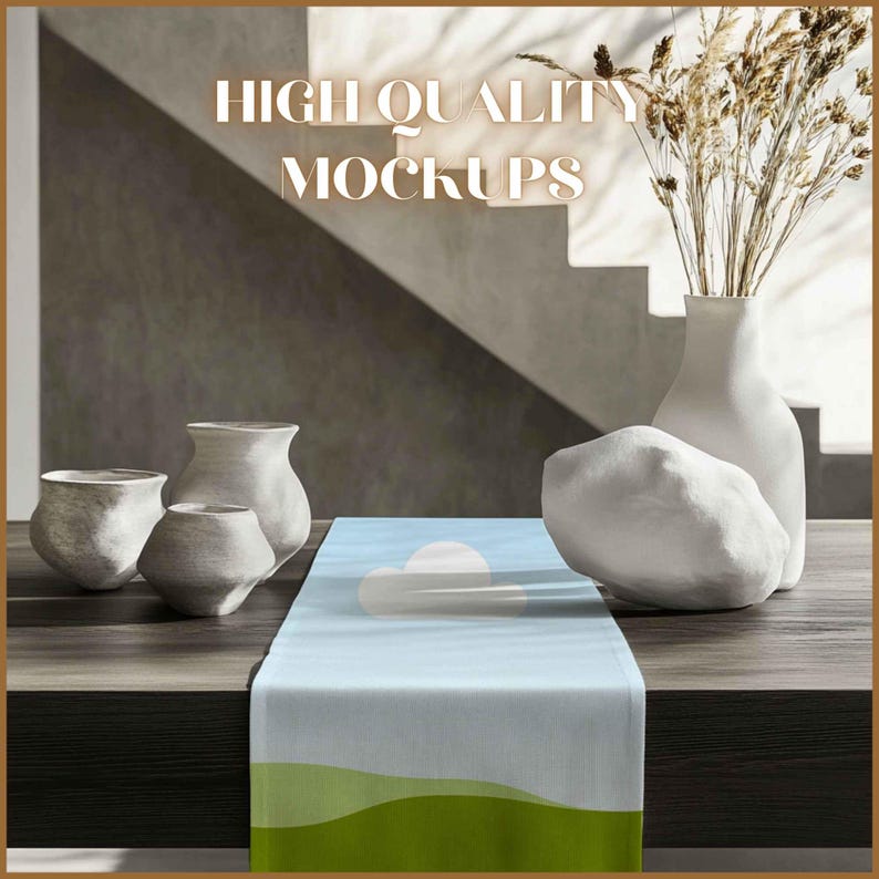 May include: A light blue table runner with a green and white landscape design. The runner is on a wooden table with white ceramic pots and a white rock.