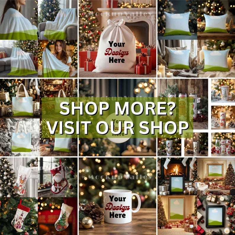 Pode incluir: Imagem com tema de feriado com uma variedade de produtos. Inclui uma caneca branca com o texto "Your Design Here", uma grande sacola de presente, travesseiros, sacolas, meias e canecas. O texto "SHOP MORE? VISIT OUR SHOP" tamb&eacute;m &eacute; vis&iacute;vel.