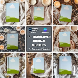 May include: A set of 10+ hardcover journal mockups featuring a blue and green journal with a white cloud and green hills design. The mockups show the journal in various settings, including on a white fabric surface, a wooden table, and in the hands of a person.