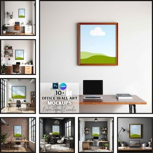 Könnte beinhalten: Ein Set mit 10+ Büro-Wandkunst-Mockups, die eine Vielzahl von Büroräumen mit verschiedenen Möbeln und Dekorationen zeigen. Die Mockups sind für die Verwendung mit Photoshop und Canva konzipiert. Der Text "10+ Office Wall Art Mockups Boho Theme Bundle" wird auf dem Bild angezeigt.