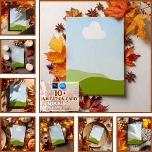 Op de afbeelding: Een mock-up van een uitnodigingskaart met een blauwe lucht en een groen landschap, met een witte wolk. De kaart is omgeven door herfstbladeren en steranijs. De tekst op de kaart luidt "10+ INVITATION CARD MOCKUPS Fall Theme Bundle".