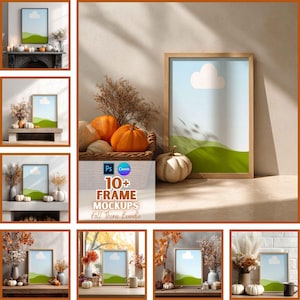 May include: A wooden framed print with a blue sky, white cloud, and green hills. The image is part of a fall theme bundle, with pumpkins and fall decor. The text "10+ FRAME MOCKUPS Fall Theme Bundle" is visible.