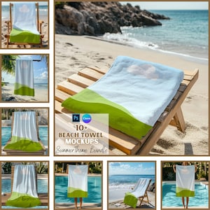Puede incluir: Un conjunto de más de 10 maquetas de toallas de playa que presentan una variedad de escenas, incluyendo una toalla en una silla de madera, una toalla colgada de una cuerda para tender la ropa y una persona sosteniendo una toalla. Las maquetas son perfectas para mostrar tus diseños y crear imágenes llamativas para tus materiales de marketing.  El texto "10+ Beach Towel Mockups Summer Theme Bundle" está incluido en la imagen.