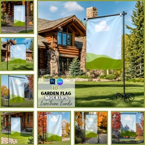 May include: A set of 10+ garden flag mockups featuring a boho theme. The mockups show different flag designs with a variety of colors and patterns, including a blue flag with a white cloud, a green flag with a white cloud, and a green flag with a white cloud. The mockups are perfect for showcasing your own garden flag designs.