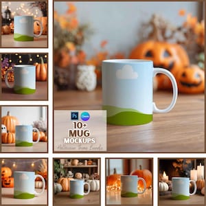 May include: A white ceramic mug with a sky blue background, a white cloud, and a green landscape design. The mug is part of a Halloween-themed mockup bundle. Pumpkins and other fall decorations are in the background.