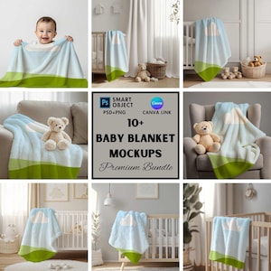 May include: A selection of baby blanket mockups. The blankets display a cloud design, sky blue, and green landscape. The text "10+ BABY BLANKET MOCKUPS Premium Bundle" is visible. The mockups include a baby and teddy bears.