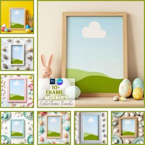 May include: A digital mockup bundle of 10+ Easter-themed frames. The frames are displayed in various settings with pastel colors, eggs, and spring-themed decorations. The text "10+ FRAME MOCKUPS Easter Theme Bundle" is visible in the image.