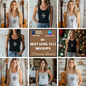 Puede incluir: Un conjunto de maquetas de 10+ camisetas de tirantes con diferentes modelos que llevan las camisetas de tirantes en varios entornos. Las camisetas de tirantes son blancas, negras y grises con el texto "Your Design Here" impreso en la parte delantera. El texto "SMART OBJECT PSD+PNG CANVA LINK 10+ NEXT LEVEL 1533 MOCKUPS Premium Bundle" está impreso sobre un fondo marrón.