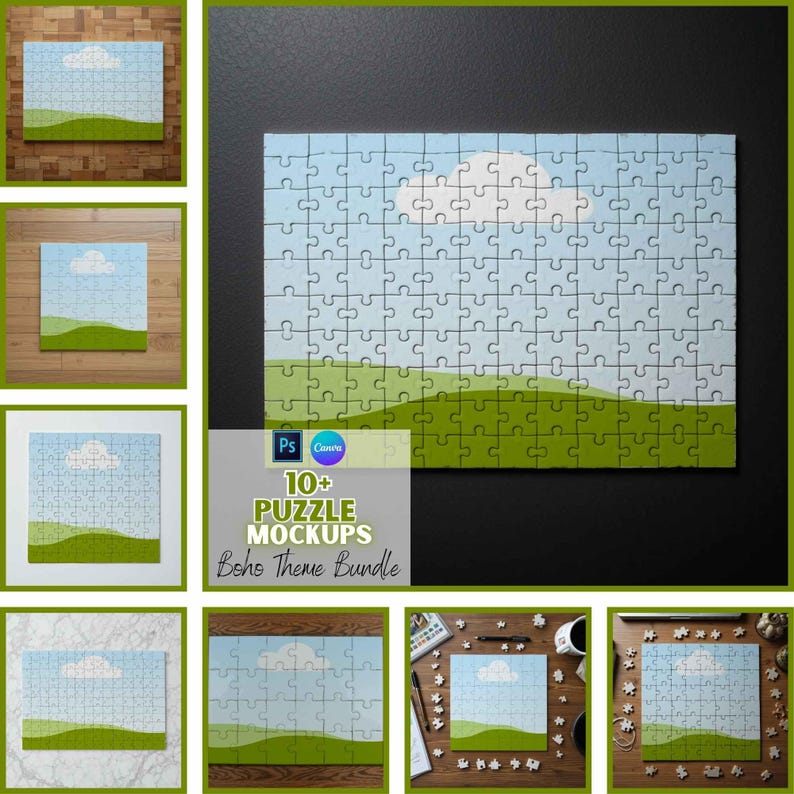 Pode incluir: Um quebra-cabe&ccedil;a completo com um c&eacute;u azul com uma nuvem branca e colinas verdes. O quebra-cabe&ccedil;a &eacute; exibido com outras maquetes. O texto na imagem diz "10+ PUZZLE MOCKUPS Boho Theme Bundle".