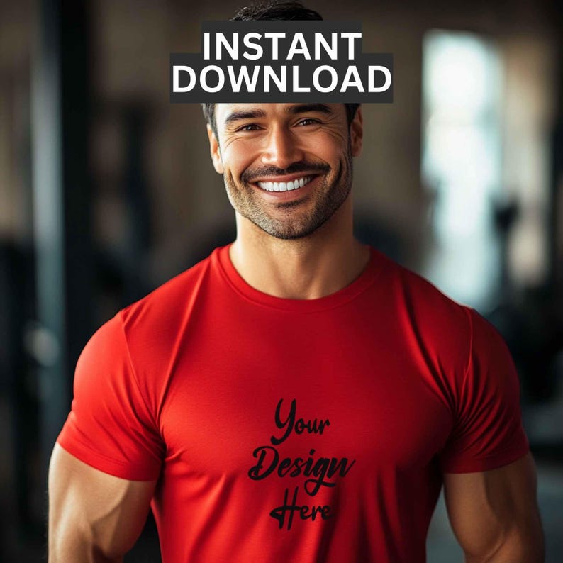 May include: A red t-shirt with the text "Your Design Here" printed on the front.