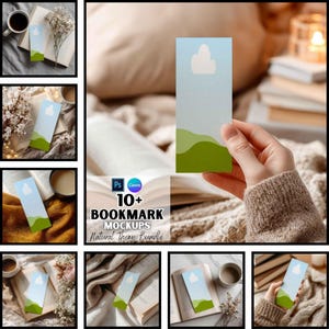 Può includere: Una raccolta di immagini che mostrano un segnalibro con un design di cielo e paesaggio. Il segnalibro presenta un cielo azzurro chiaro con una nuvola bianca e colline verdi. È visibile anche il testo "10+ BOOKMARK MOCKUPS Natural Theme Bundle".