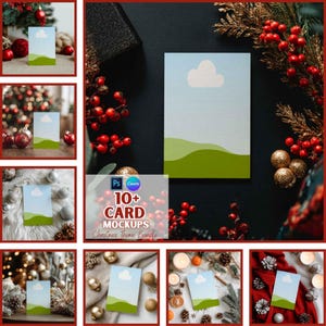 May include: A mockup card with a landscape design featuring a blue sky, white cloud, and green hills. The card is surrounded by Christmas decorations, including red berries, gold ornaments, and pine branches. The text "10+ CARD MOCKUPS Christmas Theme Bundle" is visible.